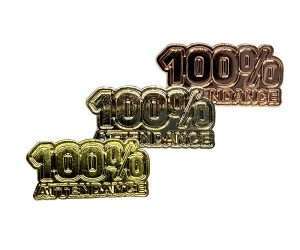 Three 100% Attendance Badges in gold, silver, and bronze are clustered together against a white background.