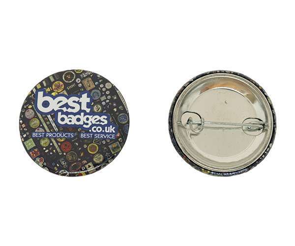 Two 32mm Button Badges are shown: one displays the "best badges.co.uk" logo on the front, whilst the other shows the metal pin back.