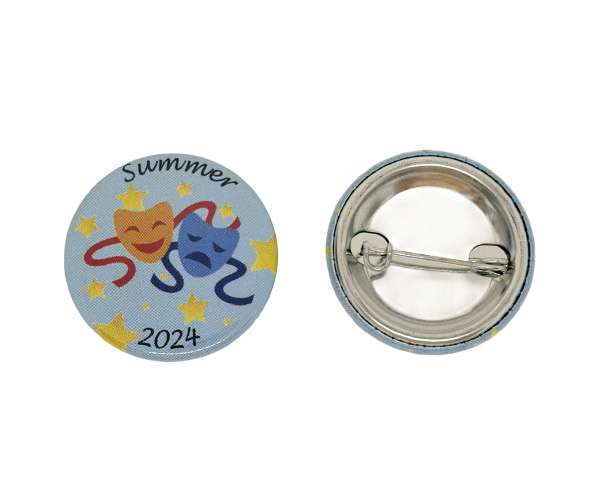 Two 32mm Button Badges: one features comedy and tragedy masks with stars and the text "summer 2024", whilst the other shows the back with a metal pin fastening.