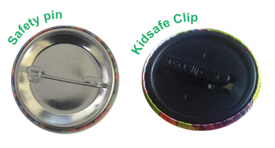 Two badge backs shown: one with a metal safety pin labeled "Safety pin," and one with a plastic clip labeled "Kidsafe Clip.