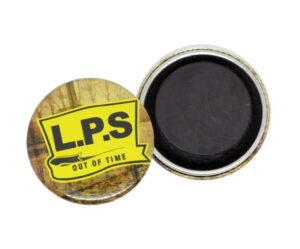 A round tin with a yellow L.P.S. "Out of Time" logo on the lid, next to the open tin showing a dark substance inside.