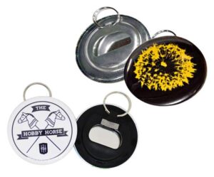 Four round keychain bottle openers with different front designs are shown, two display the metal opener side and two show graphic designs on the front.