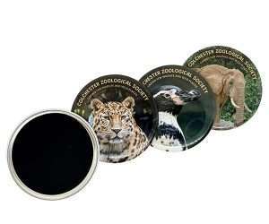 Four round 58mm Button Fridge Magnets, three featuring a jaguar, a penguin, and an elephant design, and one displaying the plain black reverse side.