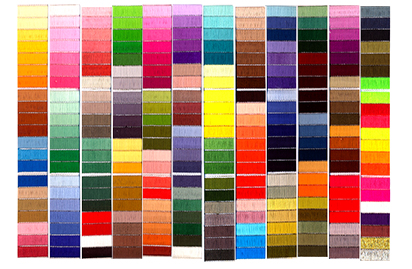 A grid of rectangular fabric swatches in various colors, arranged in columns, displaying a wide range of shades and tones.