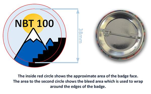 Front and back of a round badge; the front shows a mountain graphic with "NBT 100," and the back displays the pin mechanism. Red circles indicate badge face and bleed area.