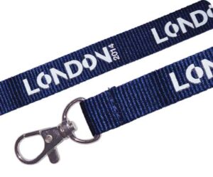 A PET Recycled Lanyard in navy blue with a metal clip, featuring "LONDON 2014" printed in white.