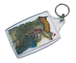 A keychain with a rectangular plastic case enclosing an illustrated map, a cyclist, and a French flag.