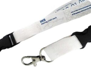 Biodegradable Bamboo Lanyard with metal clip, white, displaying “IHS Making Cities Work” and partial additional text.