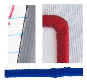 Close-up of embroidered details on fabric, showing red, blue, and black threads stitched in different patterns and lines on a white background.