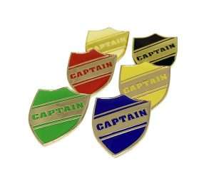 Six School Shield Badges in green, red, blue, yellow, gold, and black colours feature gold borders and diagonal stripes.