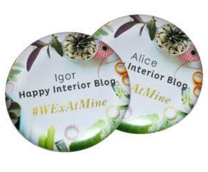 Two round badges with plants and craft supplies; one reads "Igor Happy Interior Blog #WExAtMine," and the other reads "Alice Interior Blog #AtMine.