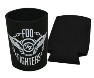A black can cooler featuring the Foo Fighters logo in white with wings, and another unfolded black can cooler beside it.