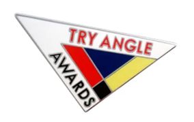 A triangular pin with the words "TRY ANGLE AWARDS" and a geometric design in red, blue, yellow, and black.