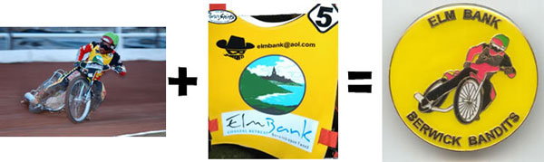A speedway rider, a yellow vest with Elm Bank logo, and a badge showing a rider with "ELM BANK BERWICK BANDITS" text.
