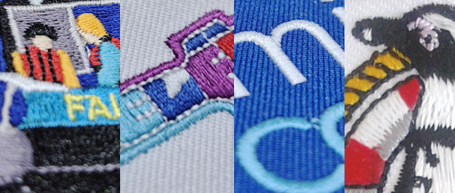 Four close-up sections of embroidered patches, each showing different colorful designs and stitching details.