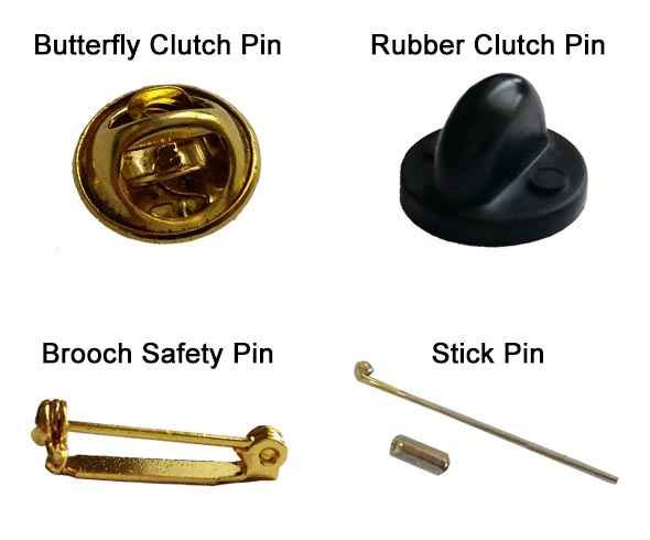 Four types of pin fasteners labeled: butterfly clutch pin, rubber clutch pin, brooch safety pin, and stick pin, each shown separately.