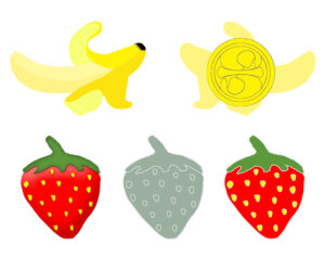 Illustration of two peeled bananas, one with a coin, and three strawberries: one red, one grayscale, and one red with white seeds.