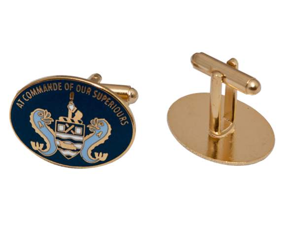 Gold oval cufflinks, one displaying a blue crest with two seahorses and the words "AT COMMANDE OF OUR SUPERIORS," the other showing the reverse side.