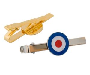Two tie clips: one gold-toned with a classic design, the other silver-toned with a circular blue, white, and red target emblem.