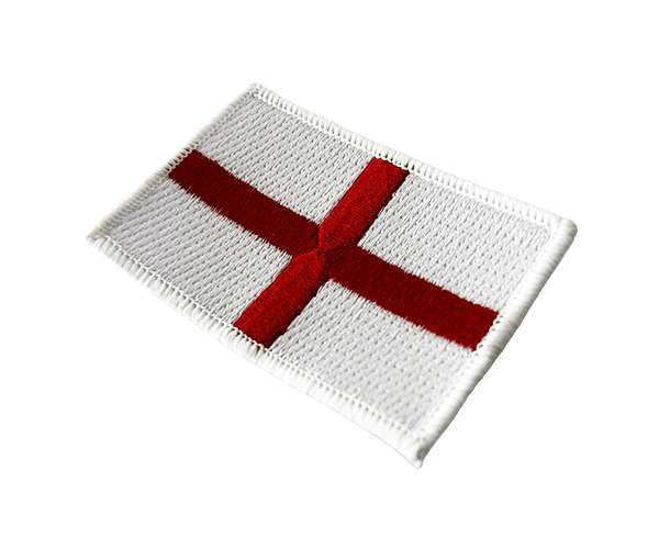 The England Flag Embroidered Badge is a rectangular patch featuring a red St George's Cross on a white background, representing the flag of England.