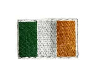 Ireland (Irish) Flag Embroidered Badge featuring vertical green, white, and orange stripes with a white-stitched border, shown on a plain white background.