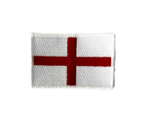 An England Flag Embroidered Badge featuring a rectangular white patch with a red cross, resembling the flag of England, displayed on a plain white background.