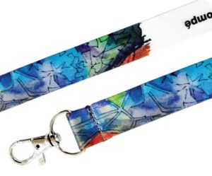 The Dye Sublimation Lanyards feature a geometric blue and green pattern, partial black text on a white background, and a metal clasp.