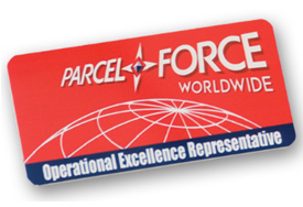 Red ParcelForce Worldwide badge with a white globe graphic and the text "Operational Excellence Representative" at the bottom.