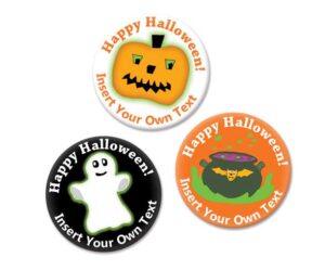 Three circular Halloween badges: one with a jack-o'-lantern, one with a ghost, and one with a cauldron, each labeled "Happy Halloween! Insert Your Own Text.