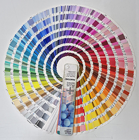 A fan-shaped color swatch book displays a wide spectrum of color samples arranged in a spiral pattern.