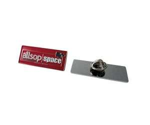 Premium Soft Enamel Badge featuring a rectangular metal design with a red and white "allsop space" logo on the front and a pin clasp on the back.