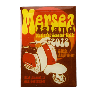 A poster featuring a white and red scooter with bold yellow text reading "Mersea Island National Scooter Rally 2013" on a brown background.