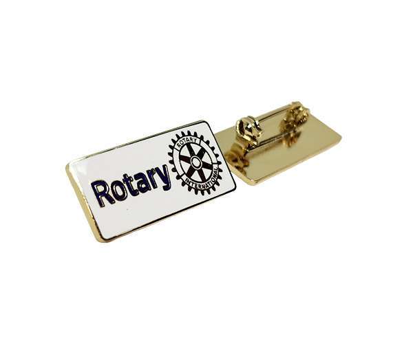 Two Rectangular Rotary Lapel Badges with gold backs; one front displays the Rotary International logo and the word “Rotary” in blue on a white background.