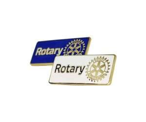 Two Rectangular Rotary Lapel Badges, one in blue and one in white, each adorned with the Rotary logo and gold gear emblem.