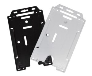 Black and white plastic ID card holders, each with slots and cutouts for attaching lanyards or clips.