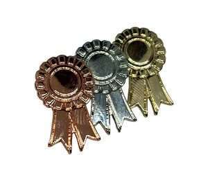 Three Rosette Badges in bronze, silver, and gold colours are arranged side by side on a white background.