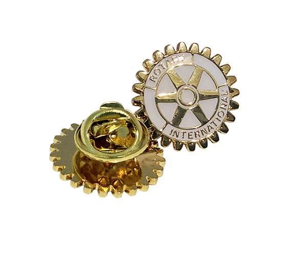 Rotary Wheel Lapel Badges featuring a gear design with the words “Rotary International” and a butterfly clasp backing.