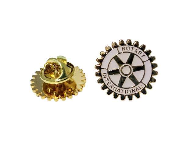 Two gold Rotary Wheel Lapel Badges, one displaying the front with the iconic logo and text, and the other revealing the back clasp.