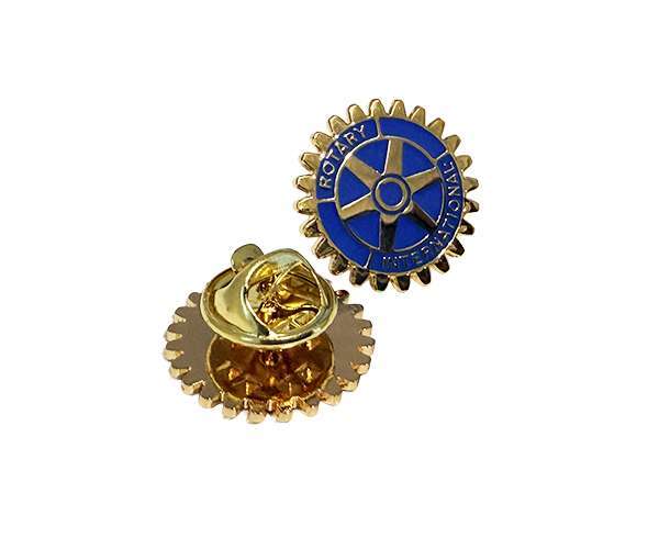 Two gold-toned Rotary Wheel Lapel Badges with blue accents—one displayed face-up to show the emblem, and the other revealing the pin backing.