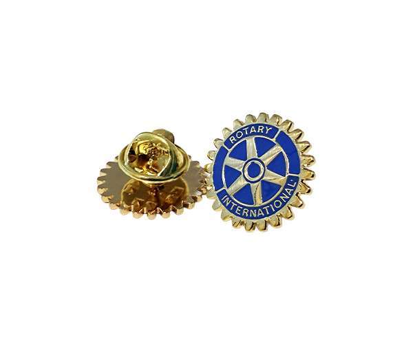 Two Rotary Wheel Lapel Badges in gold and blue—one displayed with the logo facing forwards, the other showing the clasp.