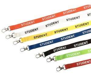 Seven School Lanyards in red, white, yellow, blue, green, and black—each featuring “STUDENT” in bold capital letters—are displayed with metal clips attached to one end.