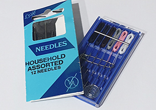 A pack labeled "Household Assorted 12 Needles" next to an open case containing sewing needles, thread in various colors, and a metal thimble.