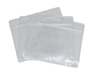 Three clear plastic badge holders with zip closures are stacked on top of each other, each featuring holes for attachment to lanyards or clips.