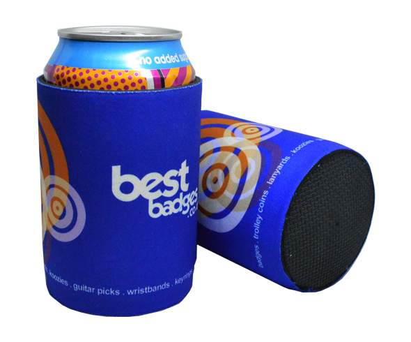A blue can cooler with a colorful design and the text "best badges" printed on the side, shown with a can inside and another cooler lying on its side.