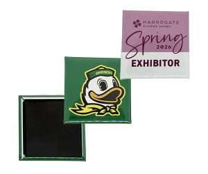 Two 38mm Square Button Fridge Magnets: one featuring the Oregon Ducks mascot, and the other displaying a "Harrogate Flower Shows Spring 2026 Exhibitor" design. Both have a glossy finish.