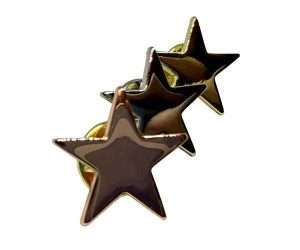 Three shiny metallic Star Badges are arranged in a diagonal line on a white background.