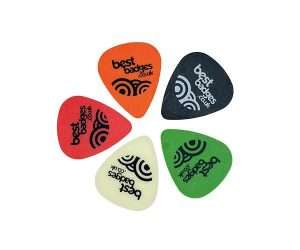 Five Custom Guitar Plectrums (Tortex) from a batch of 100, in red, black, orange, white, and green—each printed with “best badges .co.uk” and a logo—are arranged in a circle on a white background.