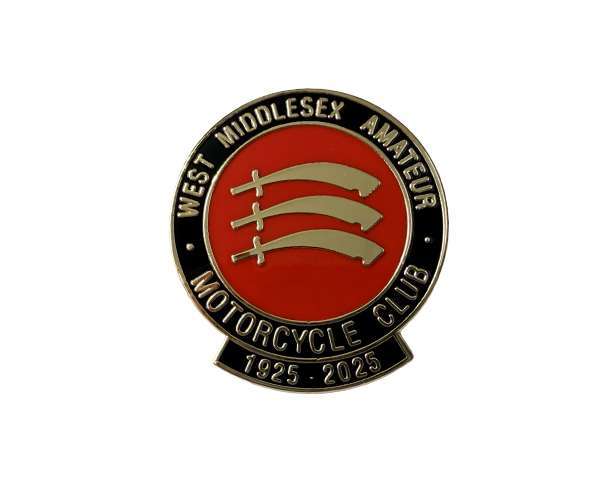 Traditional Hard Enamel Badge featuring a round design with three swords on a red background, and the text "WEST MIDDLESEX AMATEUR MOTORCYCLE CLUB 1925–2025.