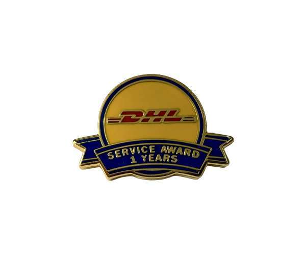 A Traditional Hard Enamel Badge features a gold and blue design with the DHL logo above the words "SERVICE AWARD 1 YEARS," displayed on a white background.