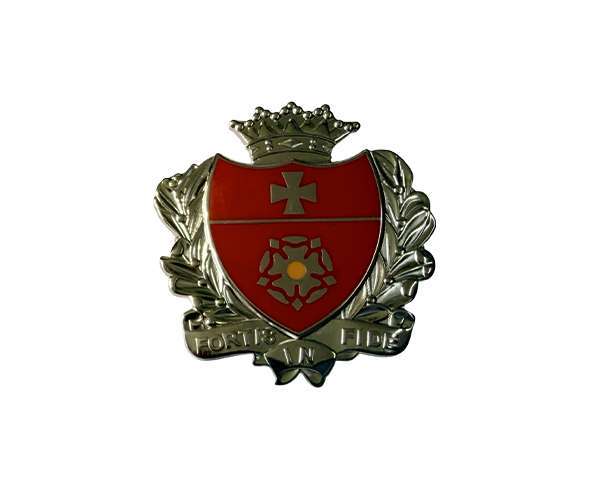 A Traditional Hard Enamel Badge with a silver and red crest featuring a crown, a cross, a central flower emblem, and the motto "fortis in fide" on a banner at the bottom.